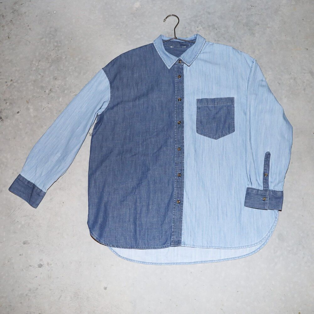 Colorblock Light & Dark Denim‎ Cotton Collared Button Down Mens Shirt Size XL